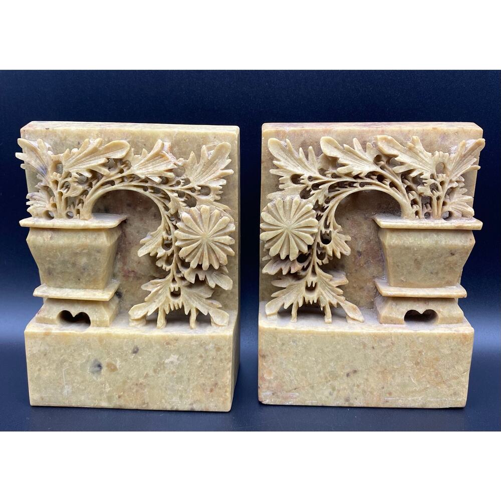 Vintage Chinese Carved Soapstone Bookends; Cascading Chrysanthemum